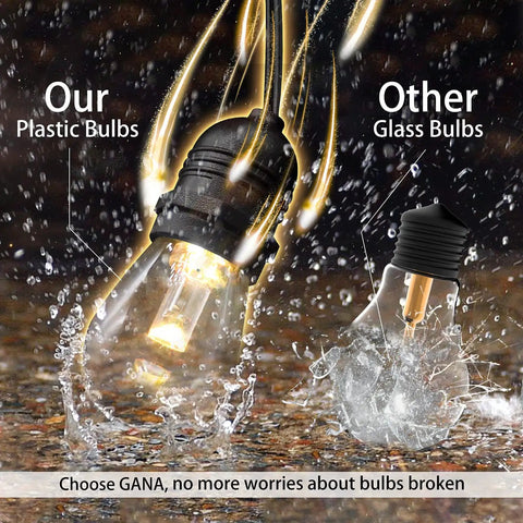 Outdoor String Lights For Patio And Backyard 48 Feet RGBW LED Bulb Set comparison of shatterproof plastic vs. broken glass bulb