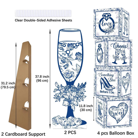 Vintage Floral Block Box Centerpiece Set of Four With Matching Champagne Flute Stands Is a Straight Up Party Starter for Glam Weddings and Bachelorette Celebrations, featuring floral decorations and clear adhesive sheets.