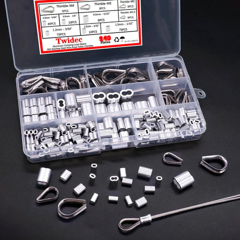 Heavy Duty Wire Rope Thimbles And Aluminum Crimping Loop Sleeves Kit For Rigging Includes 240 Piece Set In 3/64 To 5/32 Inch Range
