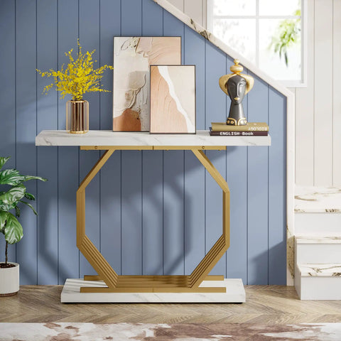 Gold Console Table With Faux Marble Top And Geometric Metal Base A 40 Inch Modern Entryway Table With decor in a living room setting.