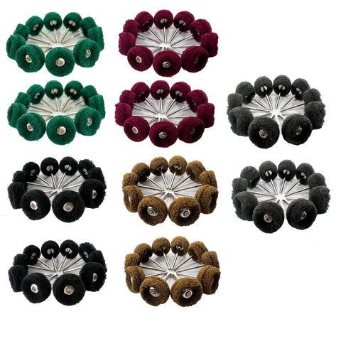 Buffing wheel set, 12-pack of abrasive polishing wheels for rotary tools; assorted colors.