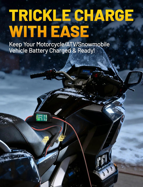 Motorcycle with 1.25Ft SAE To O Ring Terminal Harness And Battery Charger Cord connected, highlighting trickle charge feature.