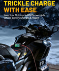 Straight Up Heavy Duty 2.5 Foot SAE Extension Cable With Inline Fuse Pack For Trickle Charging Motorcycles And Solar Panels Beast Mode Quick Disconnect Terminal Harness No Sweat connected to a motorcycle in snow.