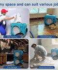 Heavy Duty Air Scrubber With Three Stage Filtration And Hepa Clean Shield Tech Packs in use during wall painting and flood damage.