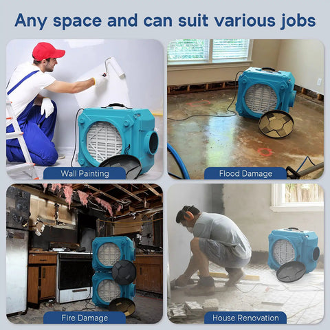 Heavy Duty Air Scrubber With Three Stage Filtration And Hepa Clean Shield Tech Packs in use during wall painting and flood damage.