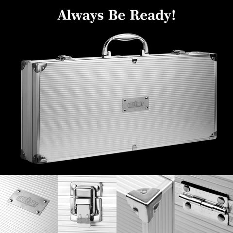 Complete 19-Piece BBQ Grill Utensil Set With Stainless Steel Tools And Aluminum Storage Case, closed and detailed view.