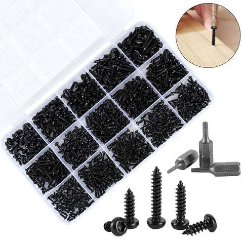 760 Pcs Heavy Duty Torx Star Drive Pan Head Self Tapping Wood Screws Black Carbon Steel M2 M2.3 M2.6 M3 Bulk Pack with drivers in clear organizer.