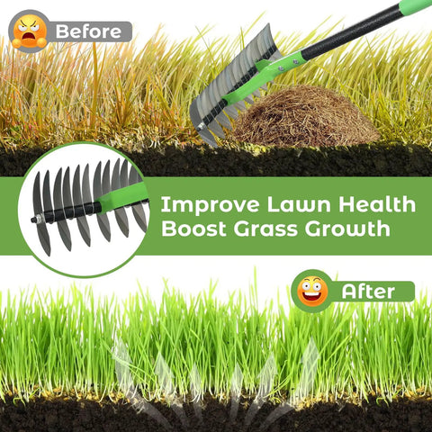 Double Sided Lawn Thatch Rake, 51 Inch Heavy Duty Metal Rake With 21 Teeth removing thatch and improving lawn health