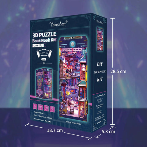 Box packaging of Cyber City Book Nook Kit For Adults Wooden 3D Puzzle Bookend And Shelf Insert Decor With Dimensions