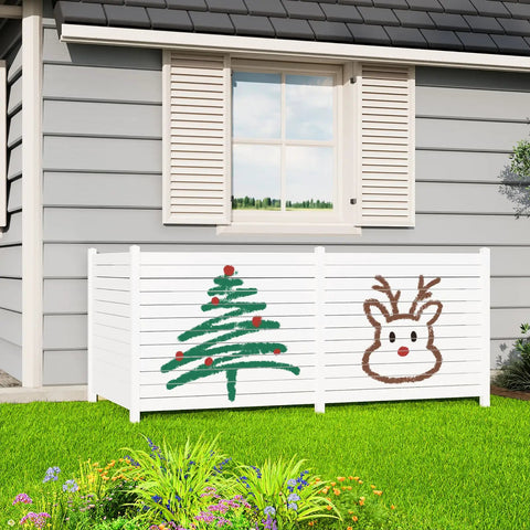 Festive design on Three Panel Backyard Privacy Fence White PVC 48 Inch Wide By 42 Inch High No Dig Privacy Screen installed outdoors