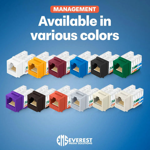Various colored 90 Degree Angled Cat6 Keystone Jacks 50 Pack In White With Slim Profile RJ45 connectors, arrayed on blue background.