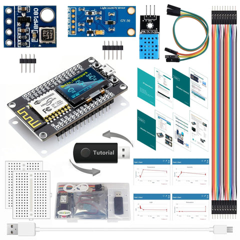 Smart DIY Weather Station Kit With NodeMCU And 0.96 Inch OLED DHT11 Temperature Humidity BMP180 Pressure BH1750 Light Sensor components displayed