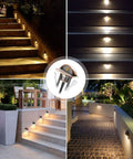 Low Voltage IP65 Waterproof Half Moon LED Step Lights illuminating decks, pathways, and garden steps with a warm white glow.