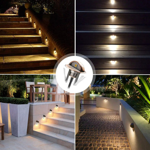 Low Voltage IP65 Waterproof Half Moon LED Step Lights illuminating decks, pathways, and garden steps with a warm white glow.