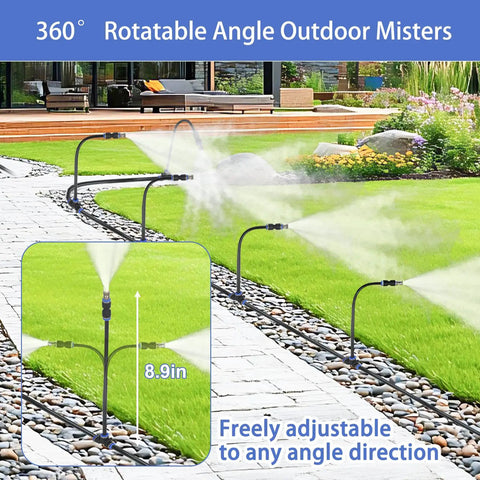 Outdoor setup of 360 Degree Adjustable Drip Irrigation Kit System with 33 Ft Coverage and Rotatable Mist Nozzles along a garden path.