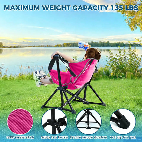 Child relaxing by a lake in a pink Kids Hammock Chair For Camping And Travel, Adjustable Folding Chair With Stand, portable and sturdy.