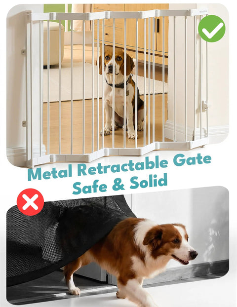 Heavy Duty Metal Retractable Pet Gate For Doorways And Stairs With Auto Close Design Straight Up Secure Dog Barrier Expands To 38 Inches Wide No Bottom Bar Classic White displayed with a beagle behind it.