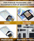 Holographic Metallic Poly Mailers Self Sealing Glitter Bags For Shipping And Packaging 4.5 By 6.5 Inch Outer Size in use with coins, cosmetics, photo cards, and electronics