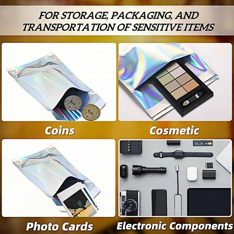 Holographic Metallic Poly Mailers Self Sealing Glitter Bags For Shipping And Packaging 4.5 By 6.5 Inch Outer Size in use with coins, cosmetics, photo cards, and electronics
