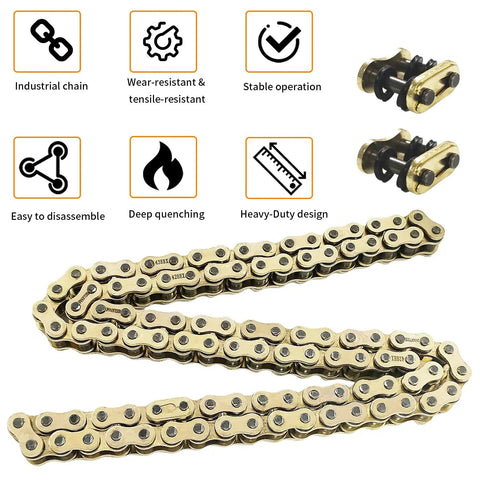 428 X Ring Drive Chain With 118 Links And Master Link For Motorcycle ATV Bicycle Go Kart Gold Finish, Heavy Duty Design