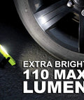 Mantis COB LED Work Light Tough As Nails next to car tire showing 110 max lumen brightness