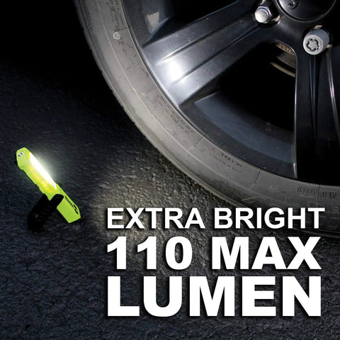 Mantis COB LED Work Light Tough As Nails next to car tire showing 110 max lumen brightness