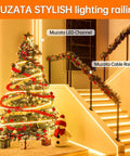 Christmas tree with decorations and Muzata LED channel lighting railing on stairs, creating a festive ambiance.