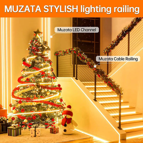 Christmas tree with decorations and Muzata LED channel lighting railing on stairs, creating a festive ambiance.
