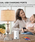 Set Of 2 Farmhouse Style Bedside Lamps With USB Ports, Rustic Linen Shade, LED Bulbs, 26.75 Inch Tall, woman and child charging phones