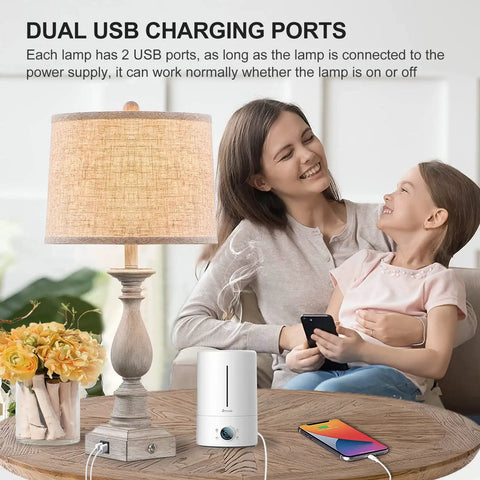 Set Of 2 Farmhouse Style Bedside Lamps With USB Ports, Rustic Linen Shade, LED Bulbs, 26.75 Inch Tall, woman and child charging phones