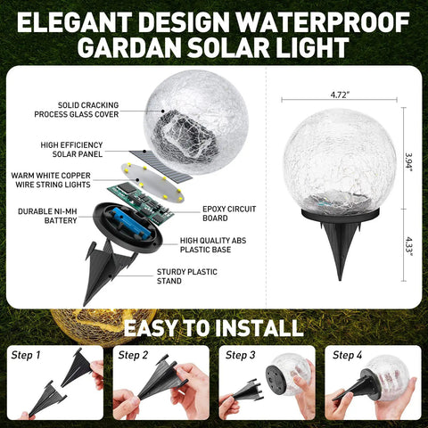 Two Globe Cracked Glass Solar Garden Lights with easy installation and waterproof LED for outdoor use in pathways, patios.