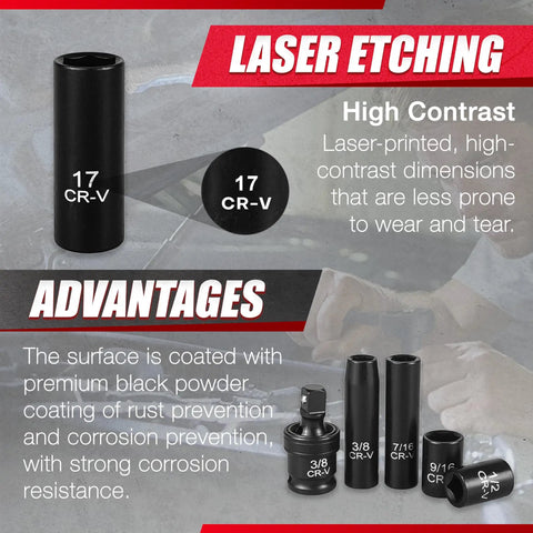 17 CR-V laser-etched socket with corrosion resistance, part of 64 Piece 3/8 Inch Socket Set With 72-Tooth Ratchet.