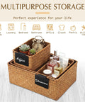 Top Shelf Seagrass Basket Set Features Six Dang Good Pantry Organizers With Snazzy Pre Printed Labels For A Spotless Home Makeover Across Closets Counters And Mudrooms Anywhere, displaying small bins for office and skincare organization.