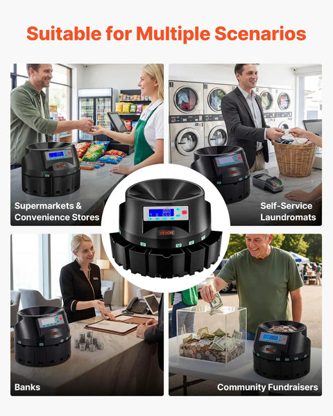 Heavy Duty US Coin Counter Sorter And Wrapper Machine Handles 5 Denominations in supermarket, laundromat, bank, and fundraiser settings.