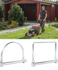 Pack Of Ten Heavy Duty Trailer Pins Two And Three Quarter Inch Long By One Quarter Inch Wide with lock pins and hitch pins, shown with a man mowing a lawn.