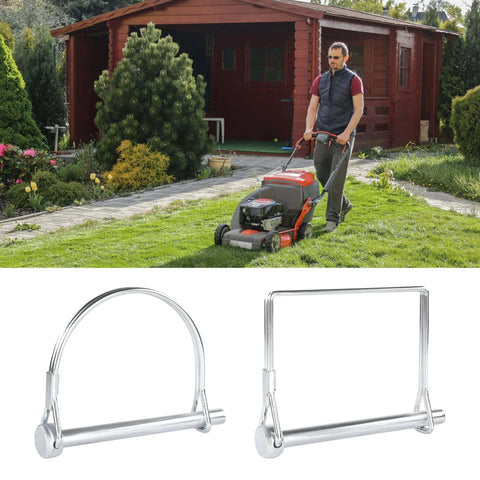 Pack Of Ten Heavy Duty Trailer Pins Two And Three Quarter Inch Long By One Quarter Inch Wide with lock pins and hitch pins, shown with a man mowing a lawn.