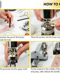 Pro Grade Grommet Tool Kit With Grommet Press, 90 Multicolor Grommets, Hole Punch And Plastic Block For Fabric Leather And Vinyl Reinforcement 3 8 Inch 10mm Size Handy Pro Set usage demonstration with step-by-step images on white surface