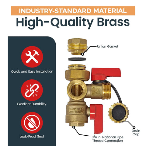 Tankless Water Heater Isolation Valve Kit Three Quarter Inch Complete Brass Female To Female Threads With Pressure Relief and Full Port Drain
