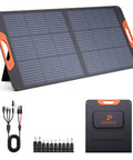 100W Foldable Portable Solar Panel with Five In One Cable, IP67 waterproof, featuring orange handles, folded and unfolded view.