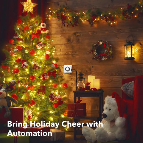 Indoor Outlet Timer 2 Pack Mechanical 2 Prong 24 Hour Mini Lamp Timers in holiday setting with decorated Christmas tree