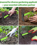 Two Piece Garden Hoe Set With Ergonomic Non Slip Handles Carbon Steel 2 In 1 Weeding Tool in use in garden beds