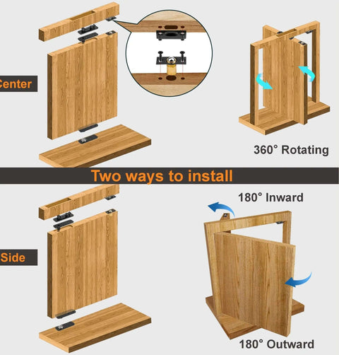 Diagram showing two installation methods for Secret Door Pivot Hinge 360 Degree Heavy Duty For Hidden Bookcase Doors 600 Pounds Load Bearing.