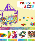 Six Pack Large Clear Toy Storage Bags With Labels showing dimensions and colorful blocks, reusable PVC organizer for blocks and puzzles