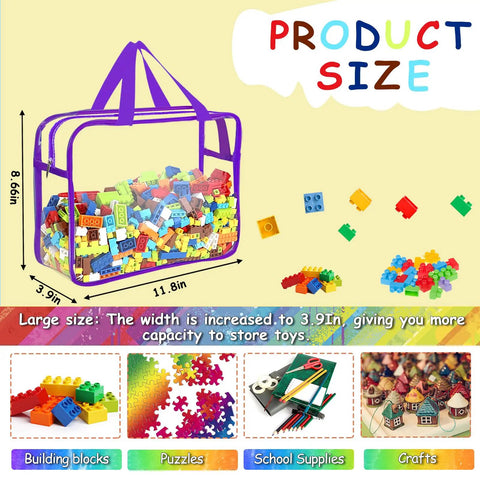 Six Pack Large Clear Toy Storage Bags With Labels showing dimensions and colorful blocks, reusable PVC organizer for blocks and puzzles