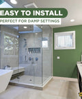 Modern bathroom with glass shower, promoting easy install of 4 Inch By 120 Foot Dry Back Vinyl Wall Base With Toe Kick in beige.