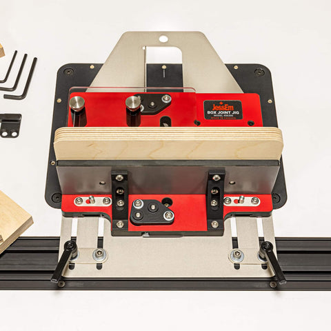 Pro Grade Box Joint Jig For Router Tables With Aluminum Indexing Keys And Smooth Bearing Glide System Includes One Quarter Inch, Three Eighths Inch, And One Half Inch Keys And Baltic Birch Fences For Precise Drawer And Box Joints