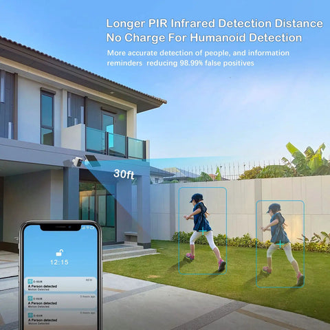3MP 2K Solar Security Camera Wireless Outdoor No-Hassle Rechargeable Battery Powered WiFi Surveillance showcasing motion detection with smartphone alerts.