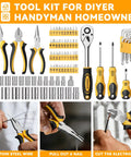 Ultimate 199 Piece Home And Auto Tool Kit Set For DIYers Homeowners And Handymen With assorted pliers, screwdrivers, sockets, and bits.