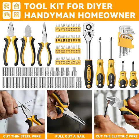 Ultimate 199 Piece Home And Auto Tool Kit Set For DIYers Homeowners And Handymen With assorted pliers, screwdrivers, sockets, and bits.