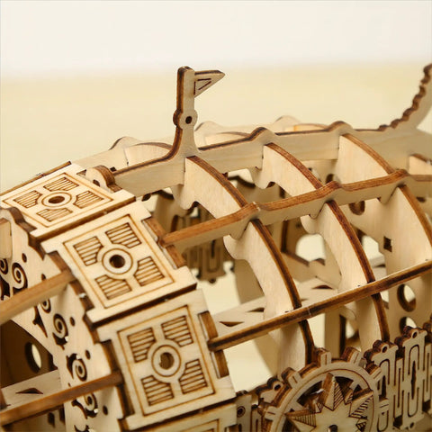Close-up of 3D Wooden Airship Puzzle Kit For Adults And Teens Brain Teaser DIY Wood Model intricate top detail